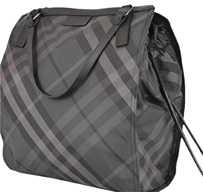 Burberry Packable Nylon Check Small Buckleigh Charcoal Tote