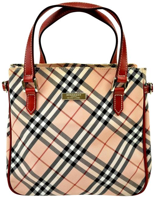 Burberry Pink Nova CheckRed Leather Top handle Jacquard Tote