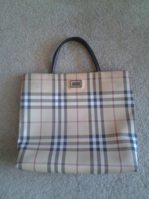 Burberry Plaid Beige Brawn Canvas Tote
