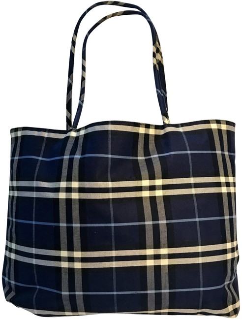 Burberry Plaid Blue and White Canvas Tote