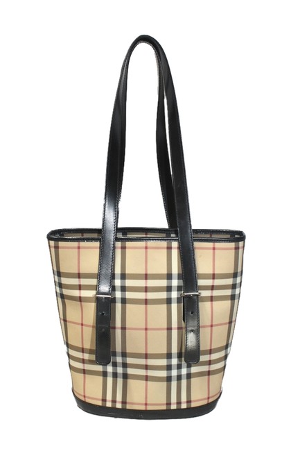 Burberry Plaid Leather Trim BrownRedBlackWhite Nylon Tote