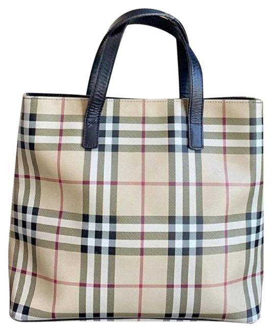 Burberry Plaid Medium Handbag Beige Black Pvc Leather Tote