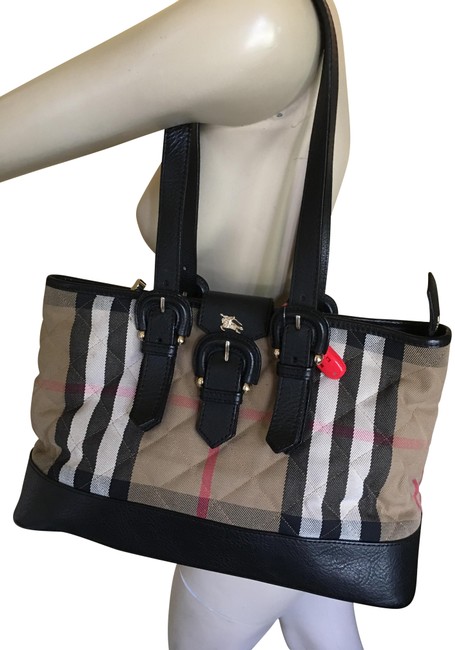 Burberry Bag Quilted Black and Check Canvas Leather Tote
