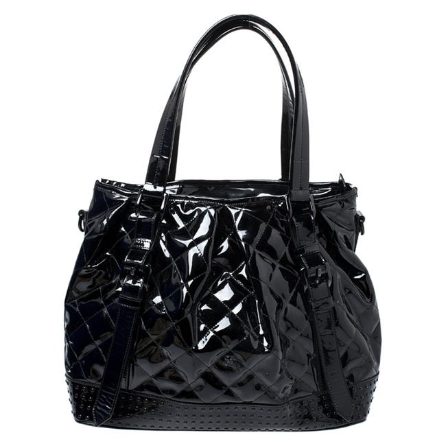 Burberry Quilted Studded Lowry Black Patent Leather Tote