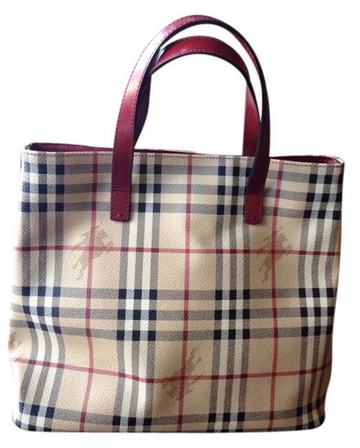 Burberry Red Handles Classic Plaid Pvc Tote