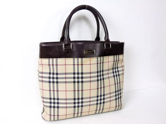 Burberry Shoulder Hand H355 Brown Canvas Leather Tote