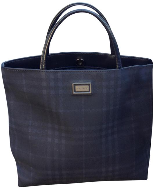 Burberry Signature Small Tot Black and Blue Leather Canvas Tote