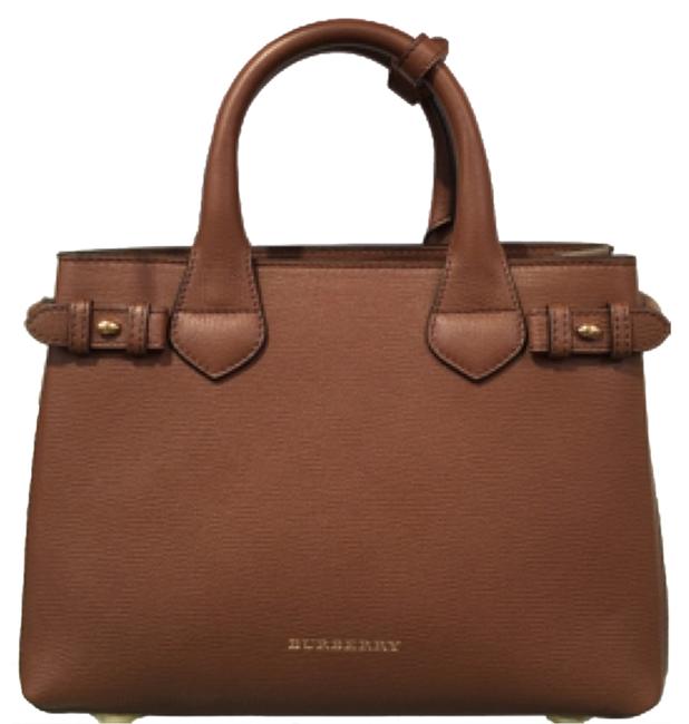 Burberry Small Banner Check Tan Brown Leather Tote