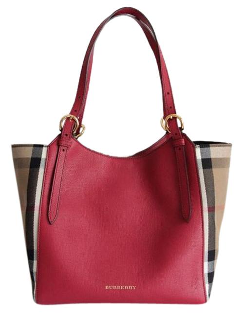 Burberry Small Canterbury House Check Horseshoe Red Leather Tote