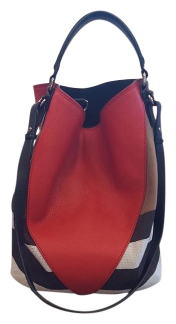 Burberry Striped Black Red and Brown Canvas Tote