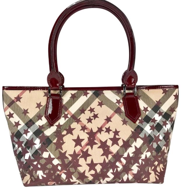 Burberry Supernova Check Landscape TanBurgundyMulti Coated Canvas Tote