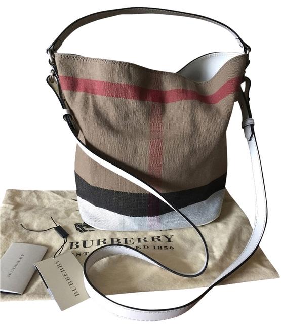 Burberry Susanna Check Canvas Handbag White Beige Red Black Cotton Jute Tote