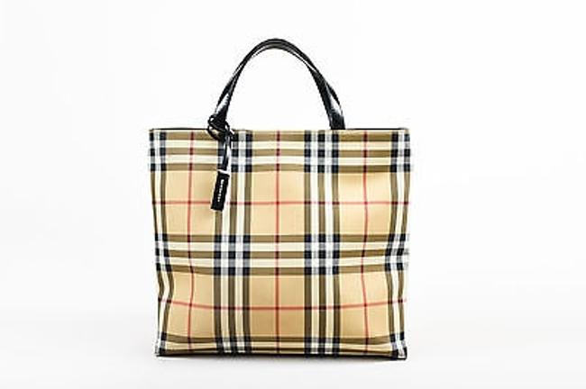 Burberry Tan Black Red Coated Canvas Novacheck Tote Bag