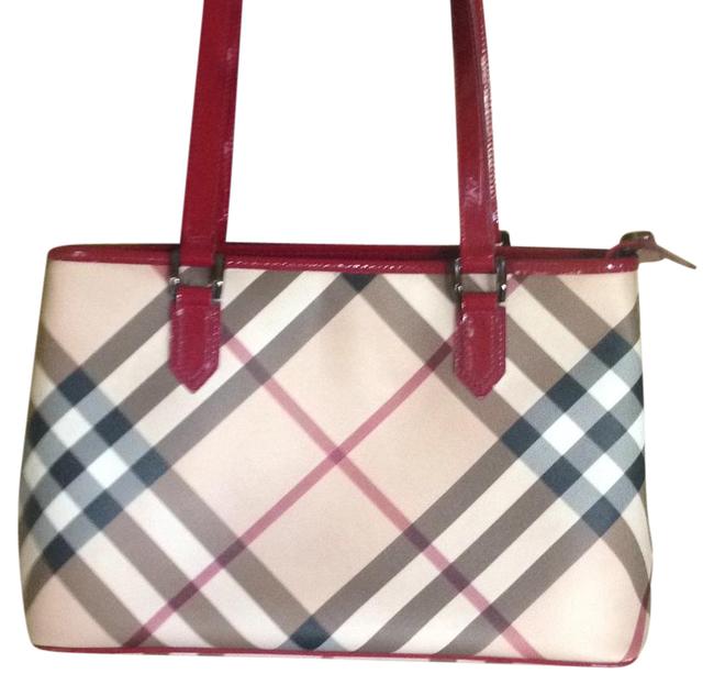 Burberry Tan Check with Red Trim Coated Canvas and Patent Leather Tote