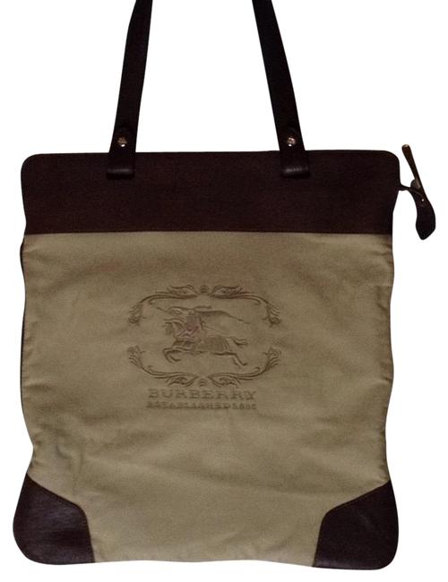 Burberry TanBrown Tan Canvas Leather Tote