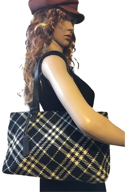 Burberry Tartan Black and White Wool Leather Tote