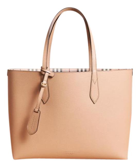 Burberry Reversible The Medium In Haymarket Check And Camel Leather Tote