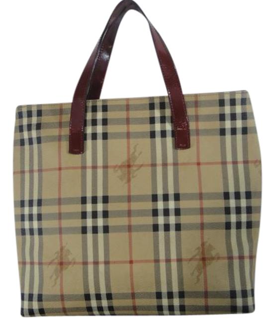 Burberry ToteNova Check BeigeBurgundy PvcLeather Tote