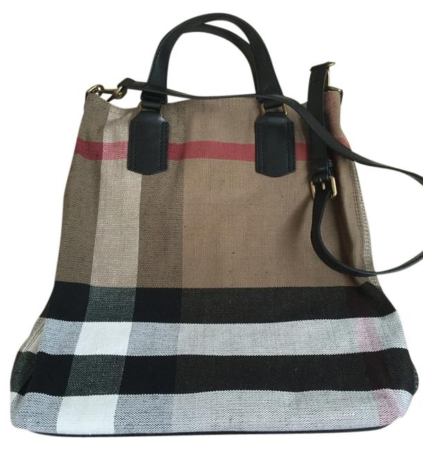 Burberry Crossbody Tottenham Check Black Leather Trim StrapHandles Tote