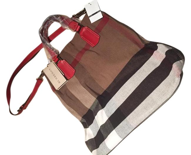 Burberry Tottenham Medium Check with Red Leather Trimmings Canvas Tote