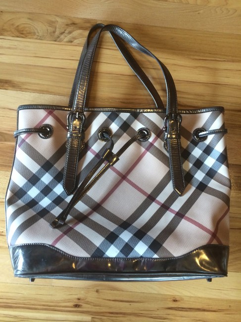 Burberry Traditional Plaid Metallic Cloth with Leather Handles Tote