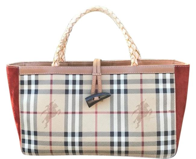 Burberry Vintage Horn Toggle Braided Handles Multicolor Canvas Tote