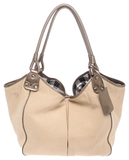 Burberry W W Check InteriorLeather Trim 16773 Beige Canvas Tote