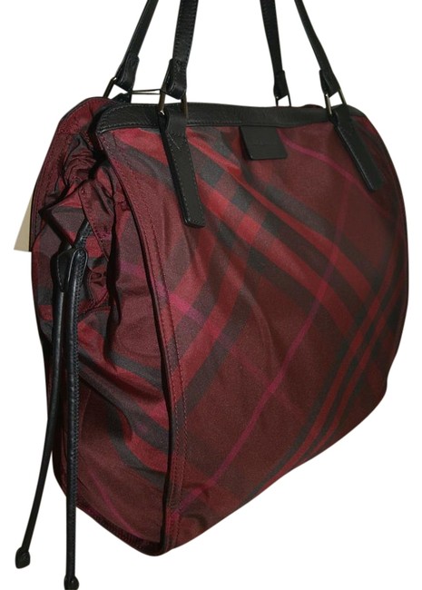 Burberry Bag Womens Nova Check Overnight Purse Burgundy Nylon Tote