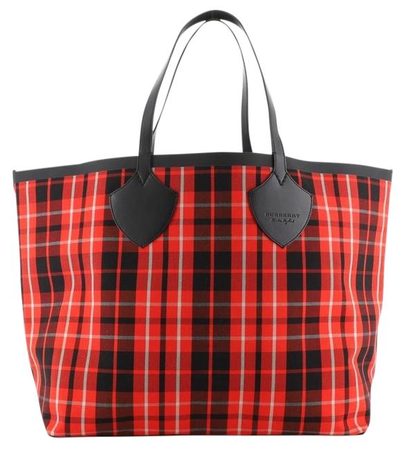 Burberry XL Reversible Giant Tartan Cotton Red Canvas Plain Tote