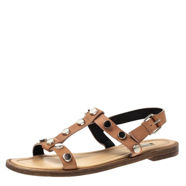 Balenciaga Beige Leather Studded Slingback Flat39 Sandals