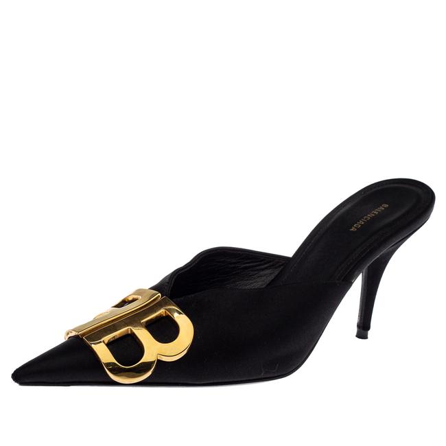 Balenciaga Black Satin Bb Logo Pointed Toe Mules36 Sandals