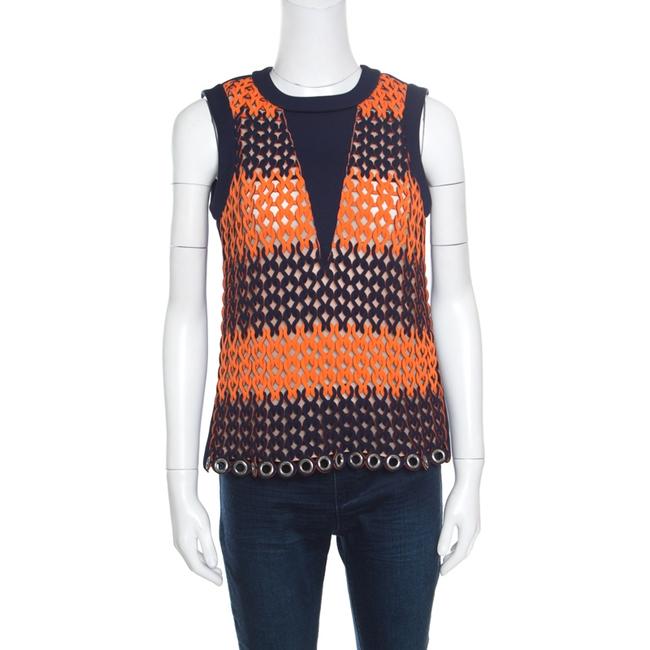 Balenciaga Blue and Neon Orange Open Loop Weave Detail Sleeveless Blouse