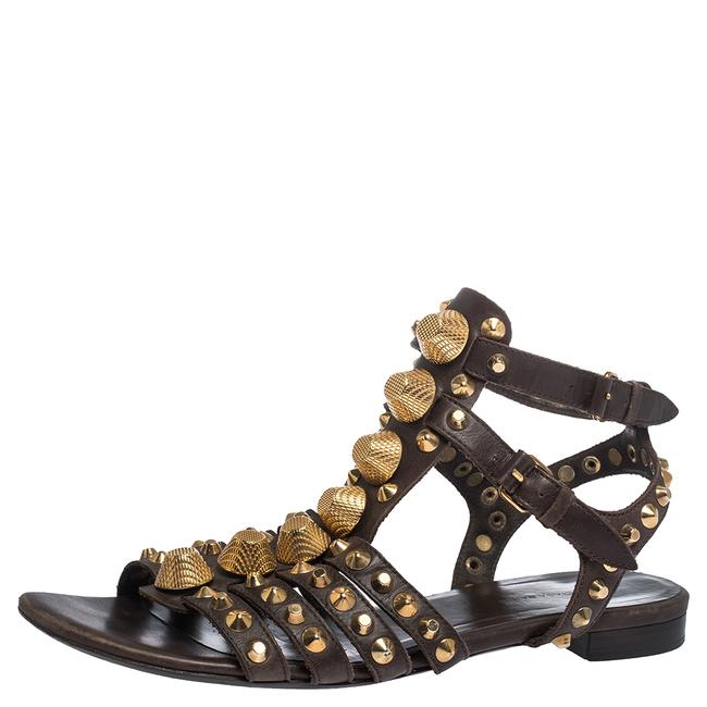 Balenciaga Brown Leather Studded Ankle Strap Flat395 Sandals