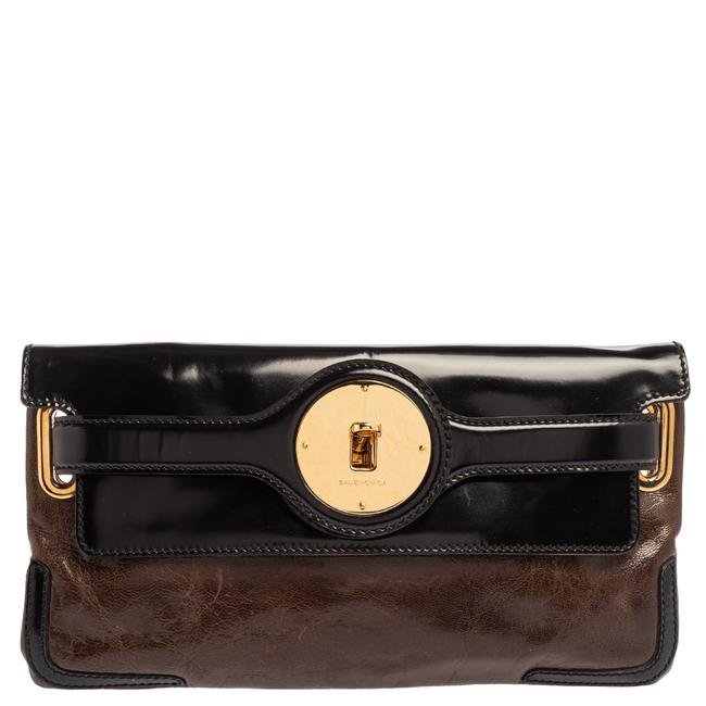 Balenciaga BrownBlack Leather and Patent Leather Lune Clutch