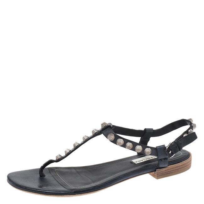 Balenciaga Dark Blue Leather Studded T Strap Flat385 Sandals