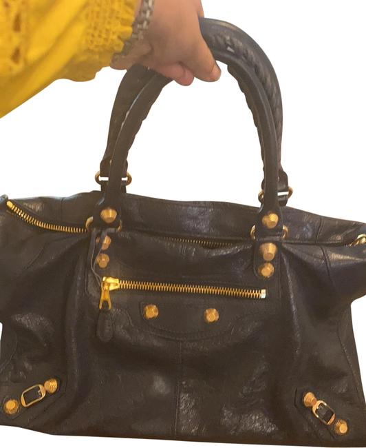 Balenciaga Gold Studs Barely Worn Navy Blue Lambskin Leather Satchel