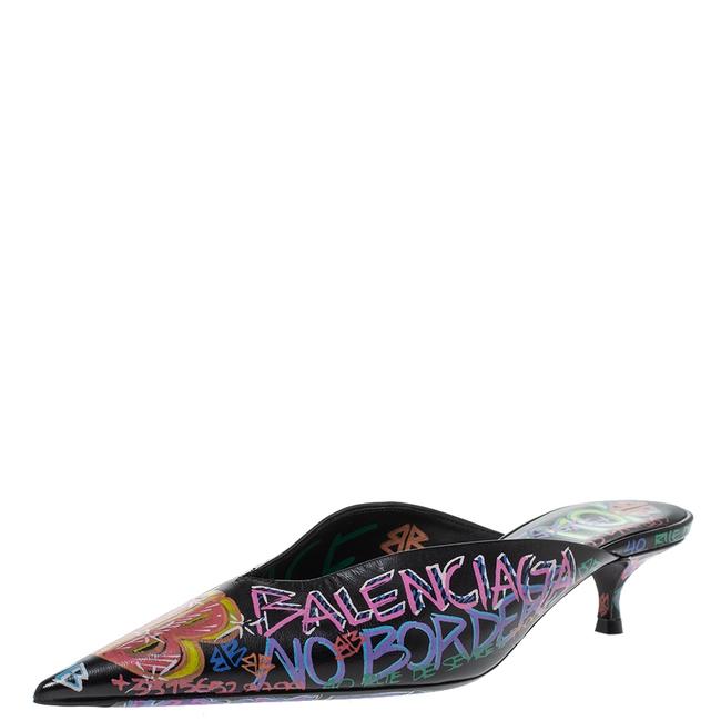 Balenciaga Graffiti Black Leather Knife Pointed Toe Mules37 Sandals