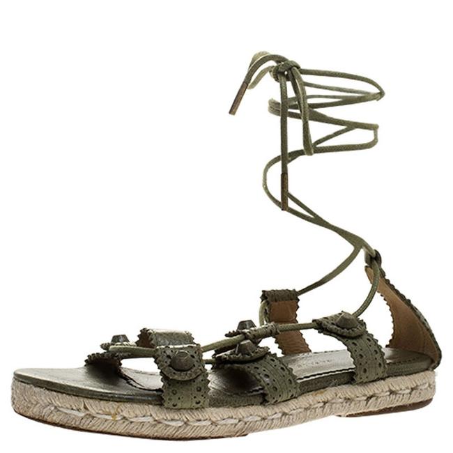 Balenciaga Green Leather Espadrille Ankle Wrap Sandals37 Flats