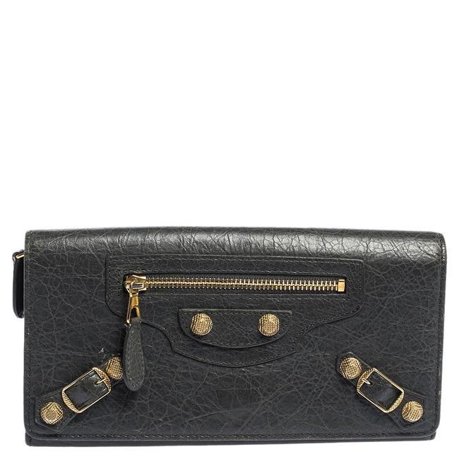 Balenciaga Grey Aged Leather Metallic Edge Flap Continental Wallet