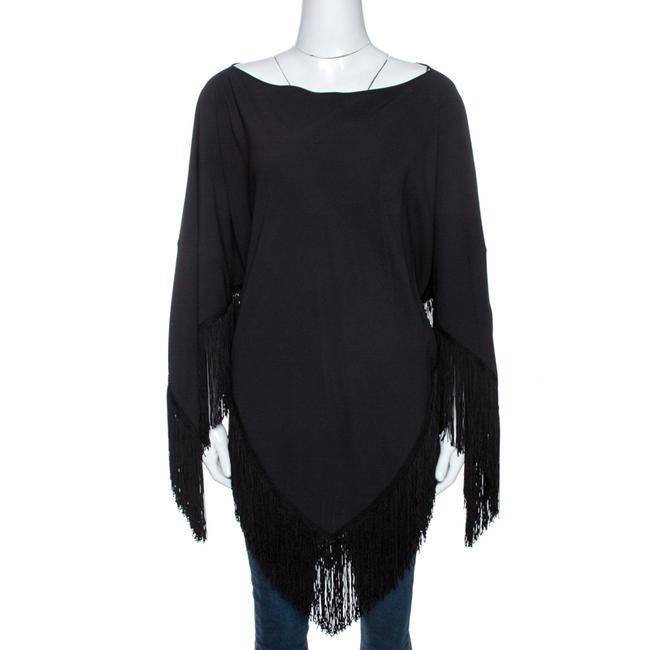 Balenciaga L Black Crepe Fringed Poncho Blouse