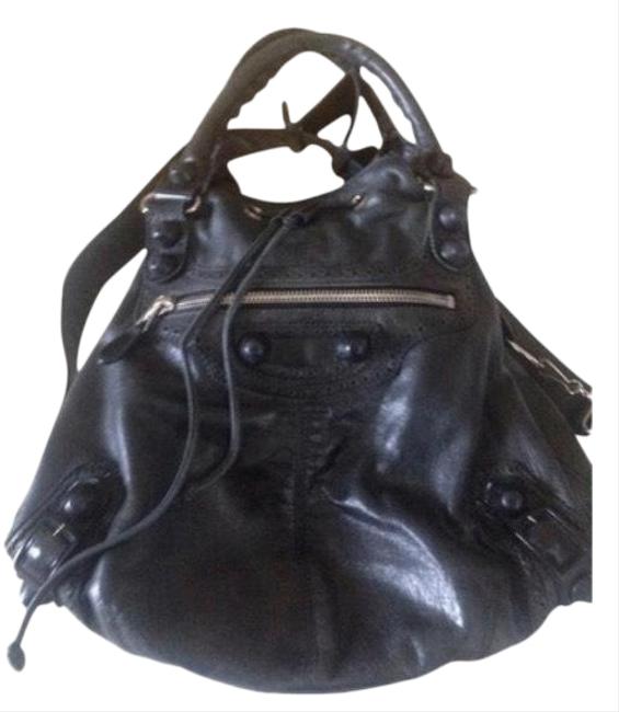 Balenciaga Large Pom Pom Black Lambskin Leather Hobo Bag