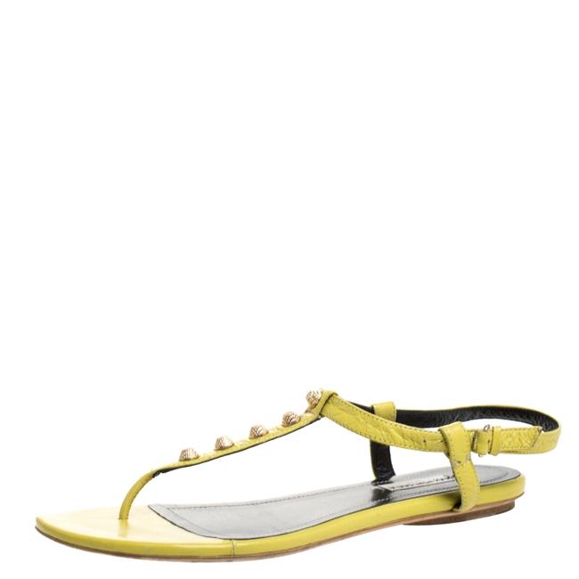 Balenciaga Lime Leather Giant Gold T Strap Flat385 Sandals