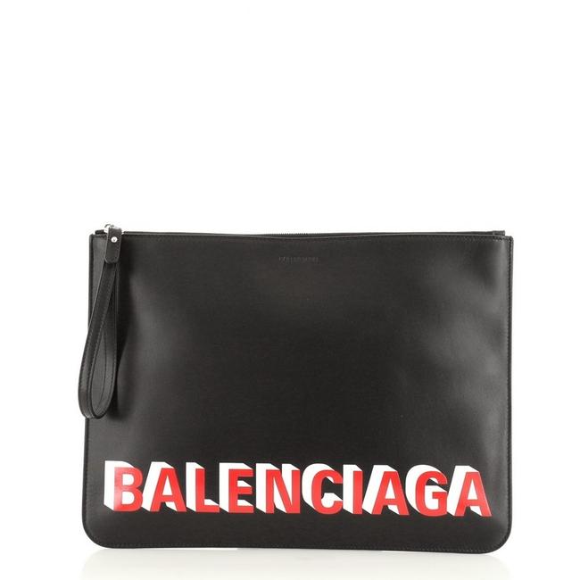Balenciaga Logo Ville Wristlet Pouch Large Black Leather Clutch
