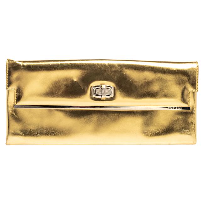 Balenciaga Metallic Gold Leather Turnlock Metal Flap Clutch