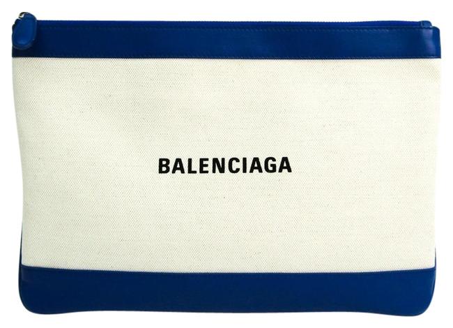 Balenciaga Navy Clip M 420407 Unisex Cream BlueIvory LeatherCanvas Clutch