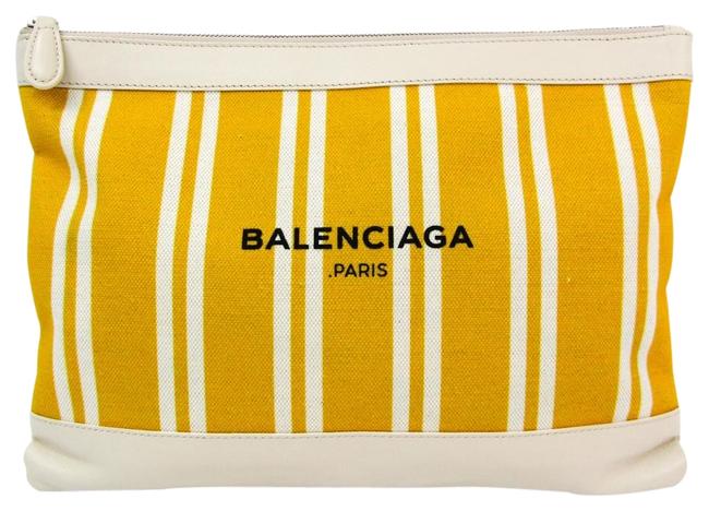 Balenciaga Navy Clip M 420407 Unisex IvoryYellow LeatherCanvas Clutch