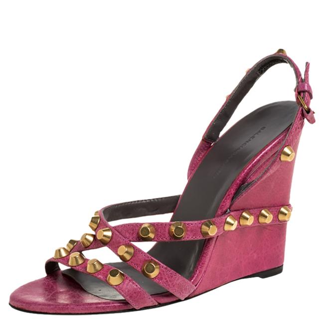 Balenciaga Pink Leather Studded Slingback Wedge385 Sandals