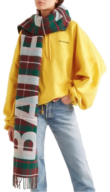 Balenciaga Red Tartan Logo Plaid FringeScarfWrap