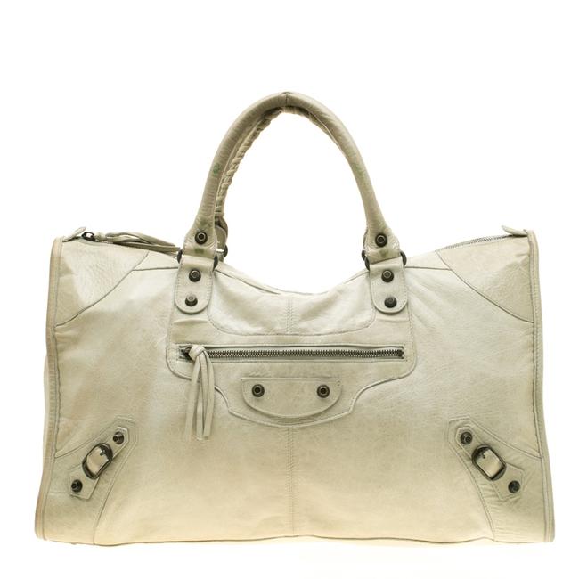 Balenciaga Sea Green Leather Raised Brass Hardware Work Tote