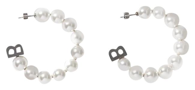 Balenciaga Silver tone Faux Pearl Hoop Earrings